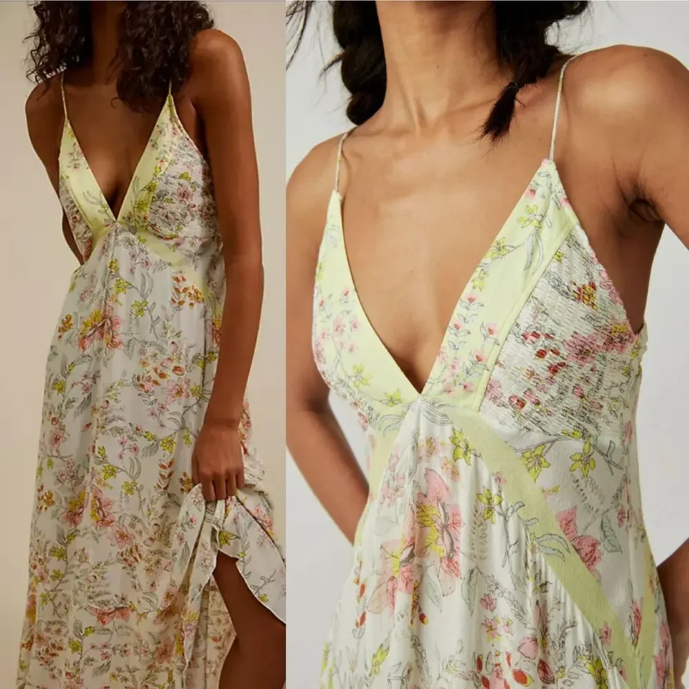 Free People Floral Handkerchief Midi Dress in Cream and Yellow
